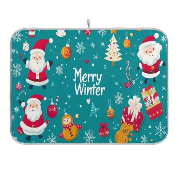 Cartoon Santa Claus Snowflakes Gifts Dish Drying Mat 16x18 Absorbent Microfiber Draining Rack Pad for Kitchen Counter Sink