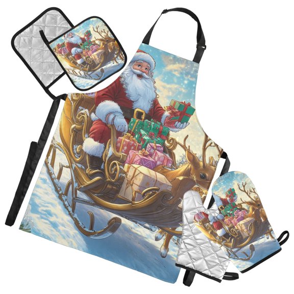 Cartoon Santa Claus and Sleigh Oven Mitts and Pot Holders with Chef Apron Set 5 Pcs Kitchen Cooking Set