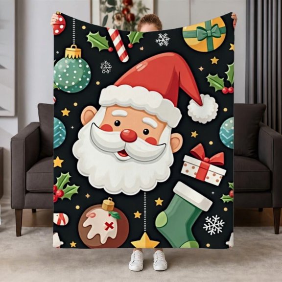 Cartoon Santa Print Flannel Throw Blanket, Choose From 30 x 40, 40 x 50, 50 x 60, 60 x 80 Inches, Soft Cozy Blanket for Sofa