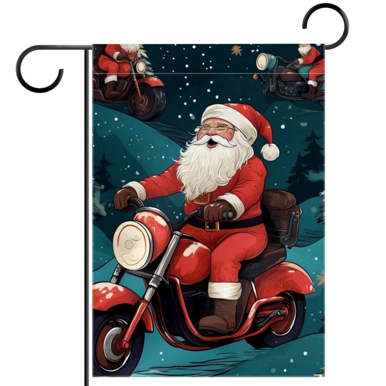 Cartoon Santa Ride Motorcycle Garden Flag 28x40 Double Sided for
