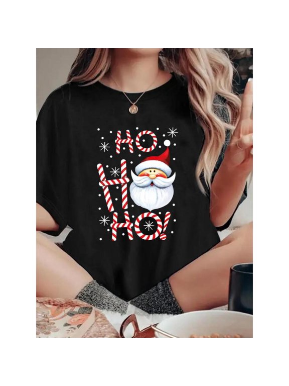 Cartoon Santa Tee T Shirt Graphic Tops Letter Print Drop Shoulder Comfy Holiday Casual Short Sleeve Round Neck Black S-5XL