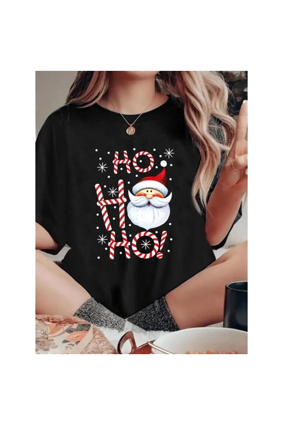 Cartoon Santa Tee T Shirt Graphic Tops Letter Print Drop Shoulder Comfy Holiday Casual Short Sleeve Round Neck Black S-5XL
