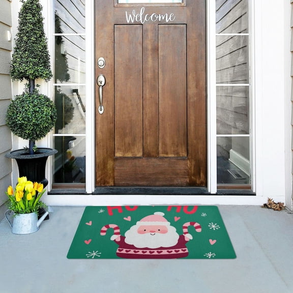Cartoon Santa with Candy Cane Christmas Valentine Doormats Welcome Mats Gate Pads Entryway Outdoor 32" x 20"