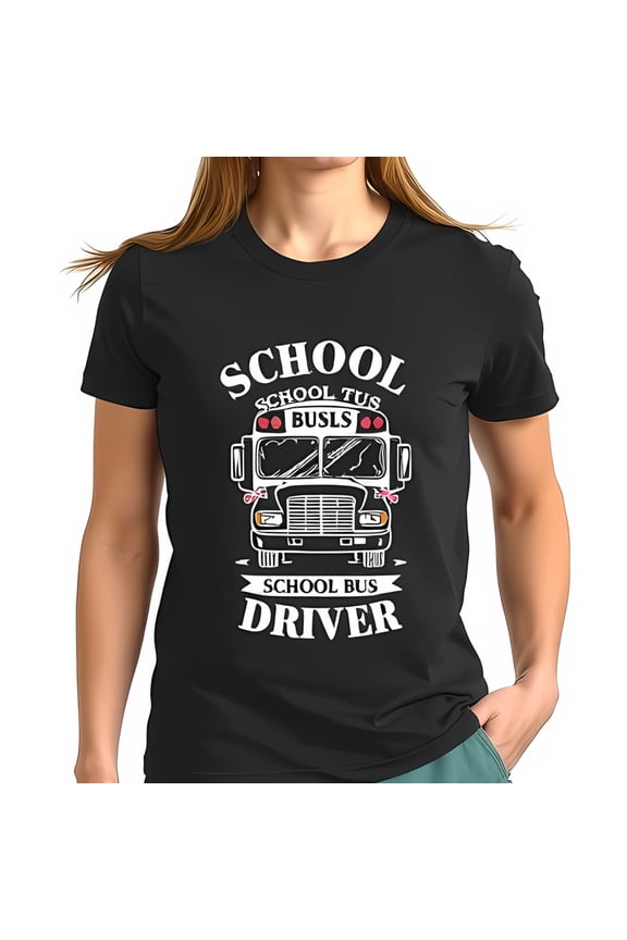 Cartoon School Bus Print T-Shirt Soft Cotton Short Sleeve for Drivers