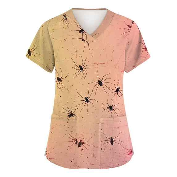 Cartoon Scrub Tops, Classic Fit V-Neck Short Sleeve Top with 2 Pockets & Soft Fabric Stretch Printed Scrubs Medical Nursing Uniforms Wicking Healthcare for Women V Neck Pink 3Xl