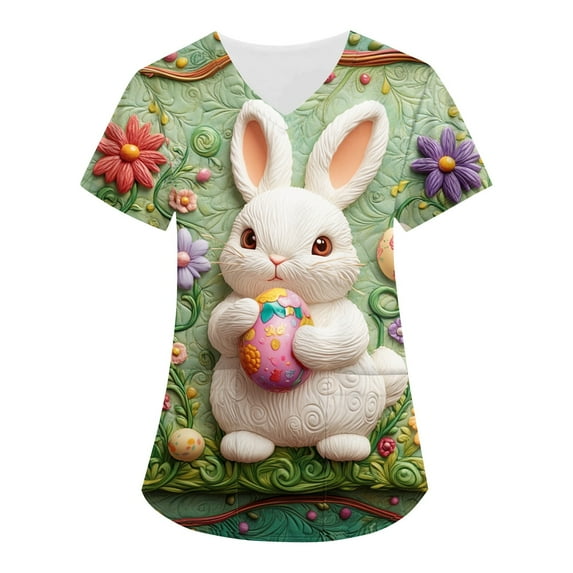 Cartoon Scrubs For Women,Easter Scrub Tops Women Bunny Egg Hunt Print Scrubs Short Sleeve Holiday Working Uniform with Pockets,Mint Green,XXL