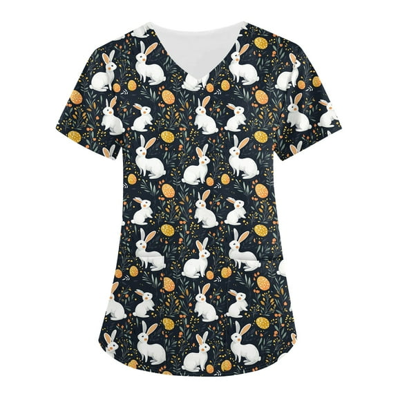 Cartoon Scrubs For Women，Scrubs for Women 2026 Easter Bunny Eggs Print Tops for Women V Neck Stretchy Short Sleeve Nursing Shirts with Pockets，Army Green，S