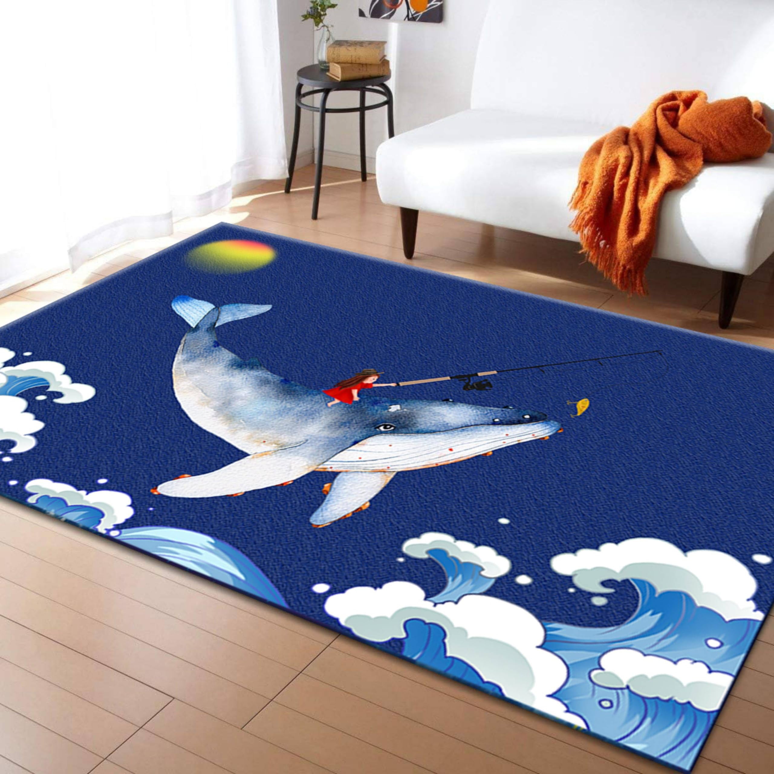 Cartoon Sea Animal Area Rug, Underwater Deep Sea Whale Sea Bedroom Rug
