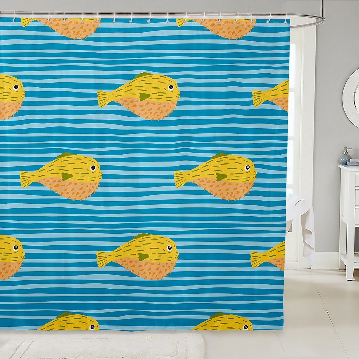 Cartoon Sea Animal Bathroom Shower Curtain Sets 72"Wx78"L Cute Doodle Pufferfish Fabric Shower