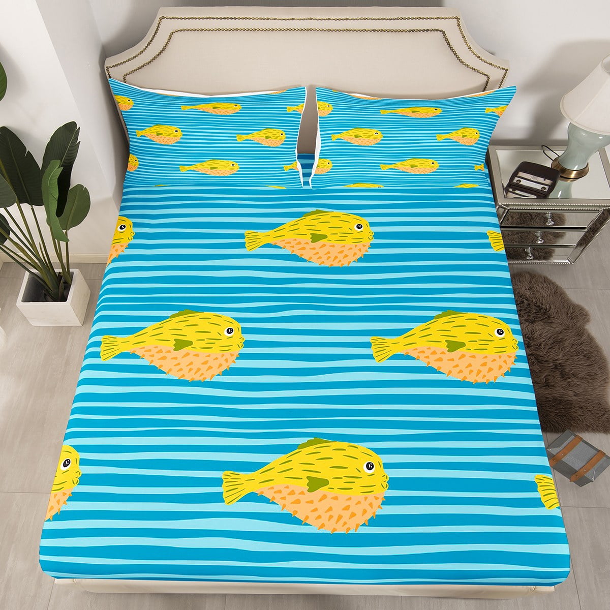 Cartoon Sea Animal Bed Sheets Queen Size Cute Doodle Pufferfish Bedding Set for Kids Teens
