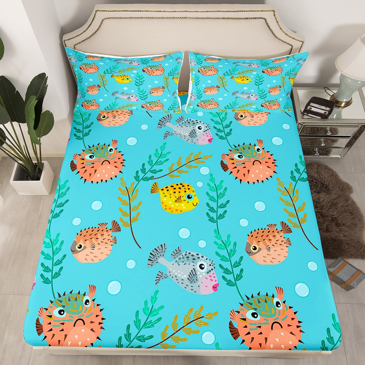 Cartoon Sea Animal Bed Sheets Twin Size,Cute Puffer Fishs Bedding Set