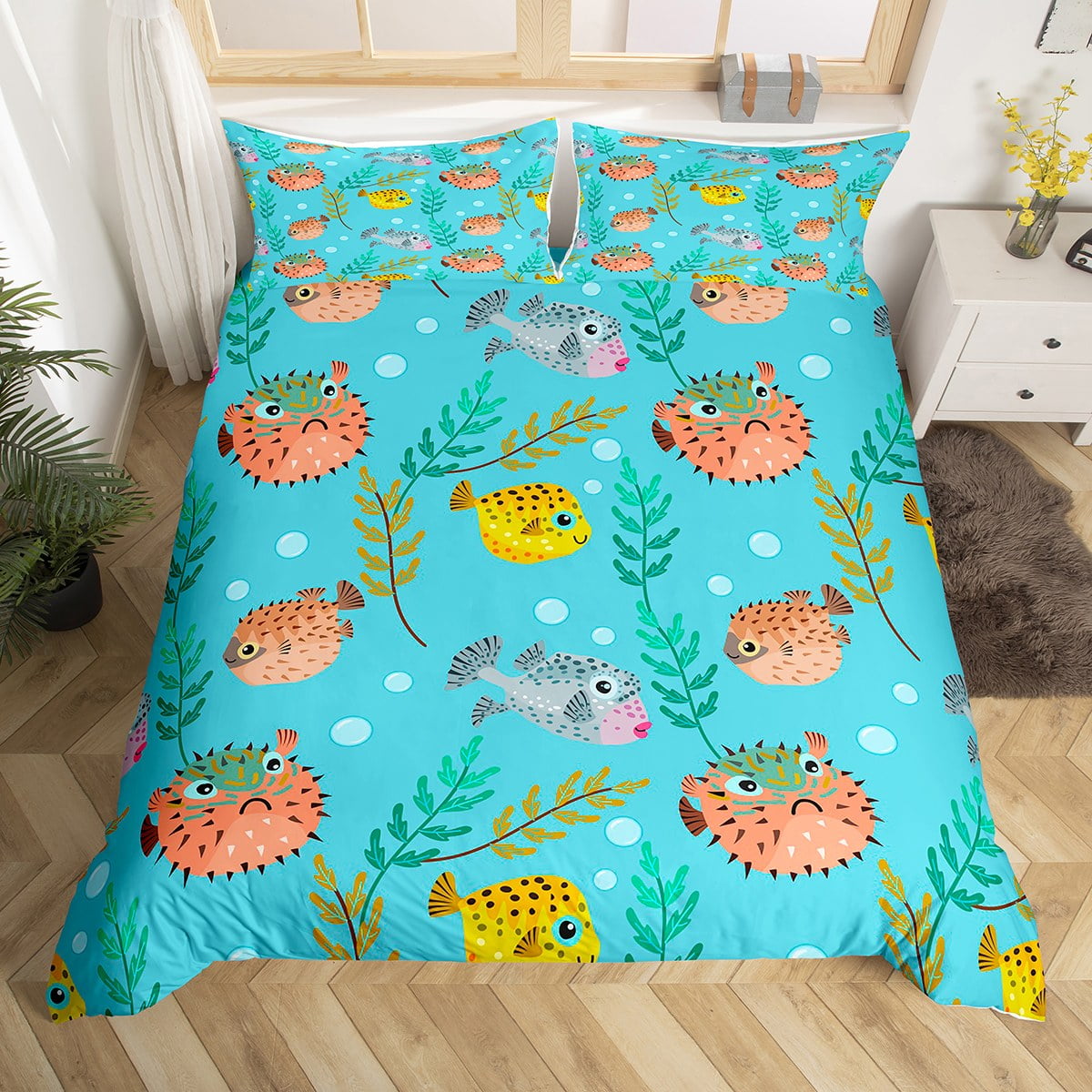 Cartoon Sea Animal Duvet Cover Twin Size,Cute Puffer Fishs Comforter