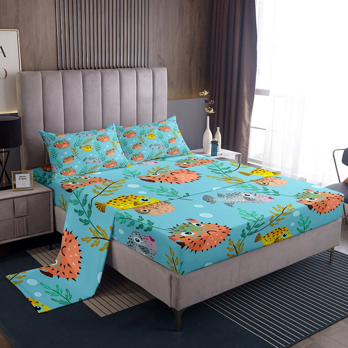 Cartoon Sea Animal Sheet Set Twin Size,Cute Puffer Fishs Sheets Tropical Balloonfish Bed Sheets
