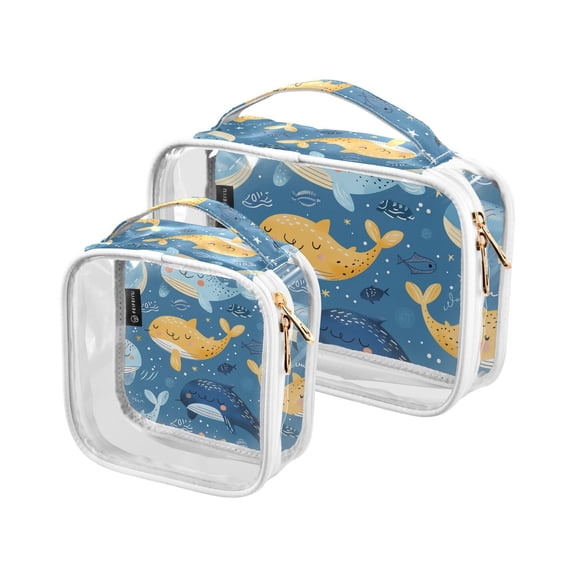 Cartoon Sea Animals Clear Cosmetic Bags with Handles PVC Toiletry Bags Zipper Waterproof Portable for Traveling 2 Pcs