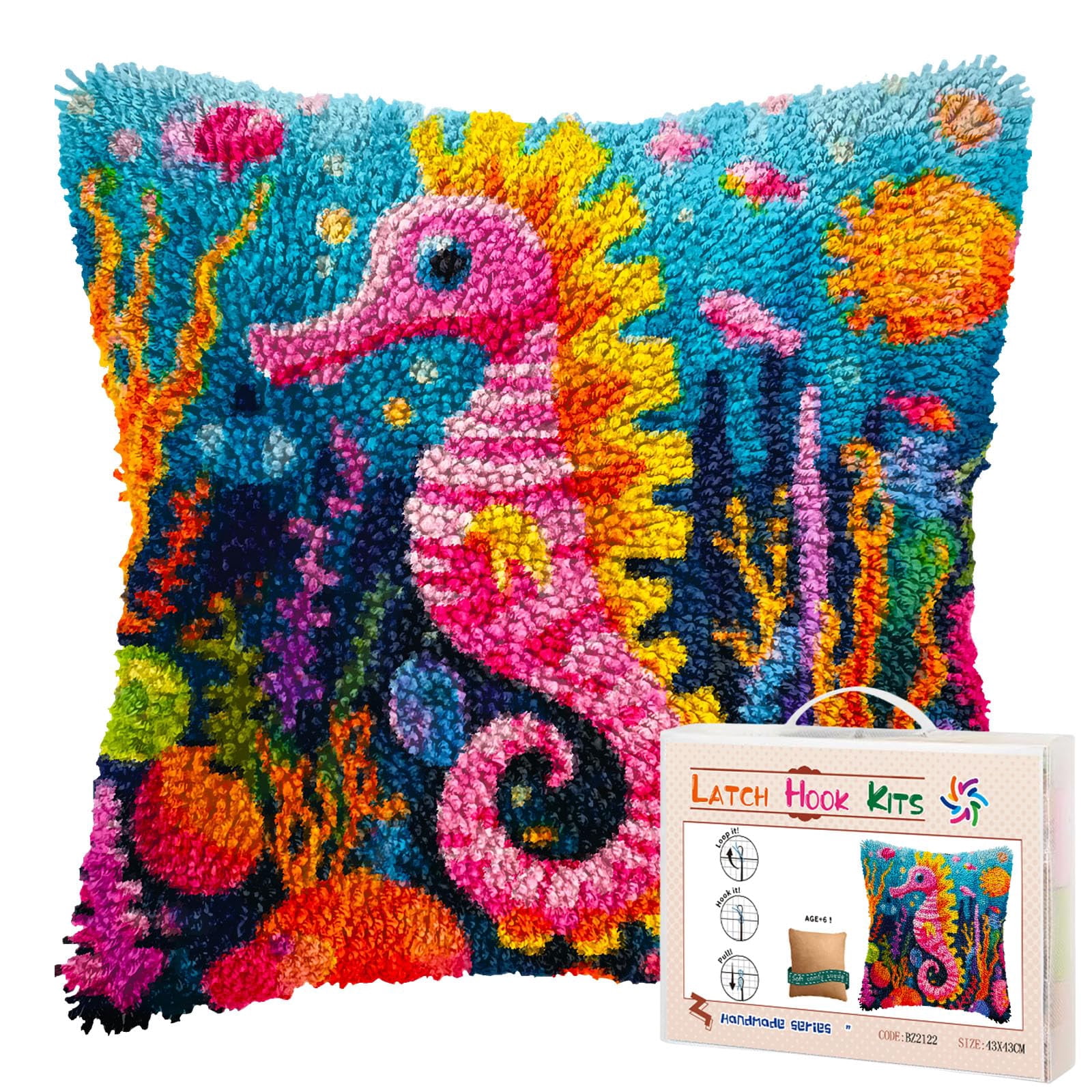 Cartoon Sea Horse DIY Latch Hook Pillow Kits for Adults Printed Pillowcase Crochet Yarns Hooking Handmade Pillow Cover Cushion for Home Sofa Decoration 17x17inch