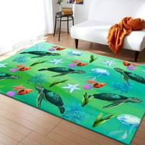 Cartoon Sea Life Area Rug,Starfish Turtle Conch Rugs With Green Background,Hawaii Ocean Wave Carpet, Aquarium Sea Animals Indoor Floor Mat Home Decorative-4x8ft