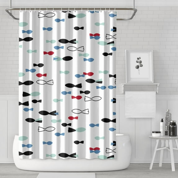 Cartoon Sea Life Fish Print Shower Curtain 72x72 Inch, Waterproof Polyester Fabric with Hooks for Kids or Nautical-Themed Bathroom