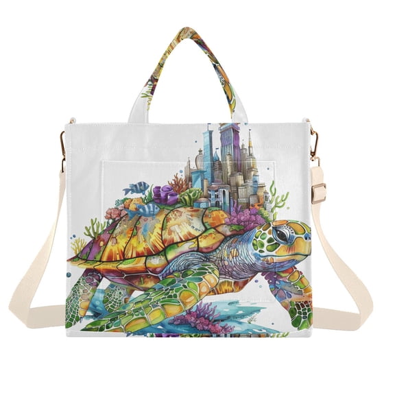 Cartoon Sea Turtle Corduroy Tote Bag Handbag Large Messenger Bag Shoulder Crossbody Zipper Bag Purse