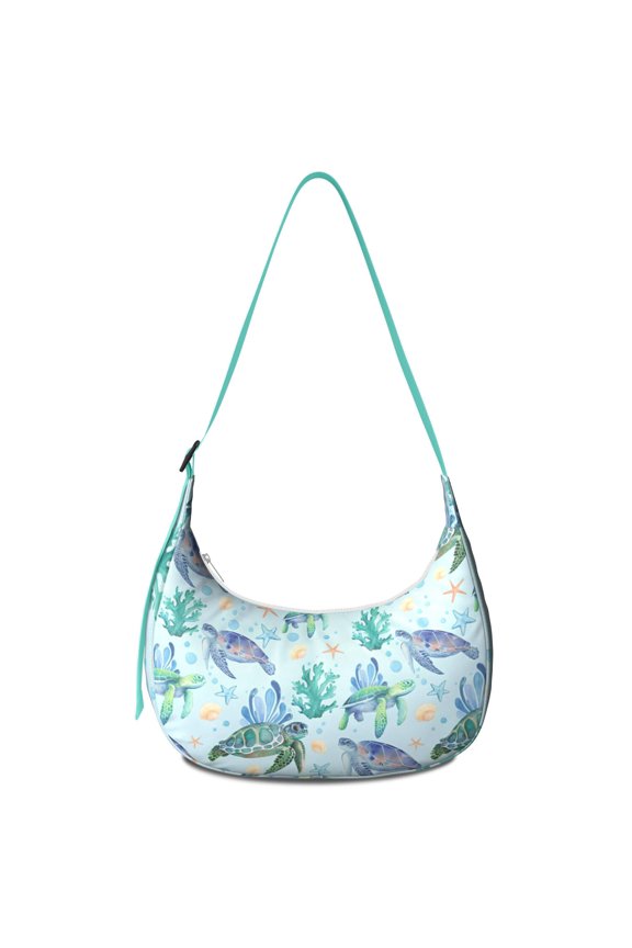 Cartoon Sea Turtle Crossbody Bag, Hawaiian Tropical Ocean Life Print, Cute Nautical Marine Beach Abstract Coral Reef Pattern Purse