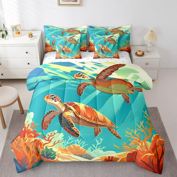 Cartoon Sea Turtle Full Comforter Set 7 Pieces Aqua Animal Bedding Comforter Sets, Ocean Wildlife Bed in a Bag Colorful Coral Bedding Set, Sea Wild Reptile Bed Sheets Set