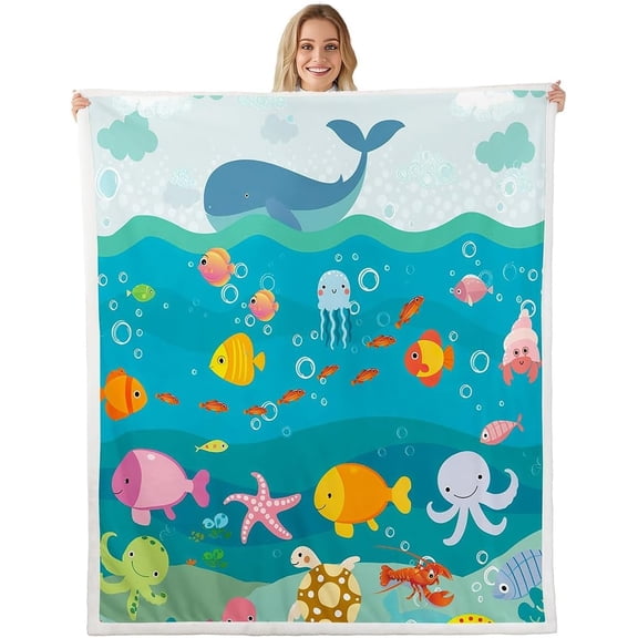 Cartoon Sea Turtle Sherpa Blanket Cute Dolphin Octopus Fish Plush Blanket for Sofa Couch Bed Ocean Marine Wave Fleece Throw Blanket Sea Creatures Fuzzy Blanket Colorful Room Decor Throw 50x60 Inch