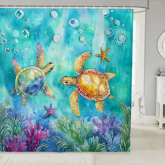 Cartoon Sea Turtle Shower Curtain Ocean Tortoise Animal 72"Wx78"L Bath Curtain,Blue Bubble Starfish Water Plant Bathroom Curtain,Watercolor Coral Print Curtain Sets