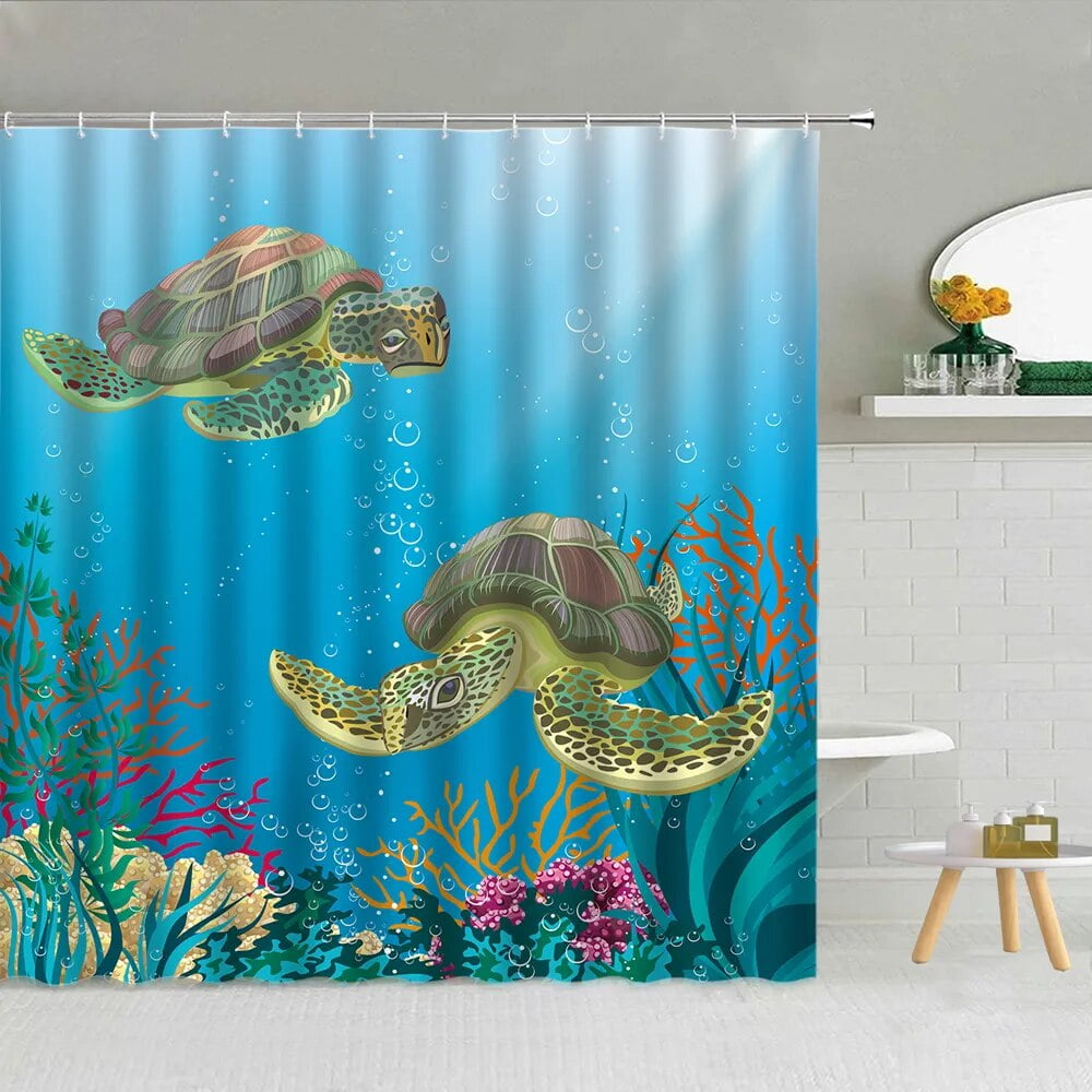 Cartoon Sea Turtle Shower Curtains Funny Ocean Animal Underwater World