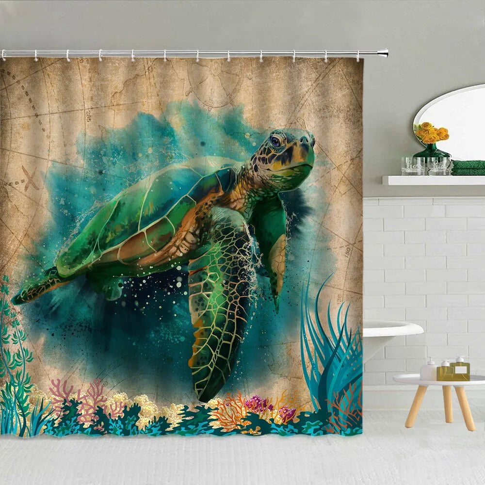 Cartoon Sea Turtle Shower Curtains Funny Ocean Animal Underwater World
