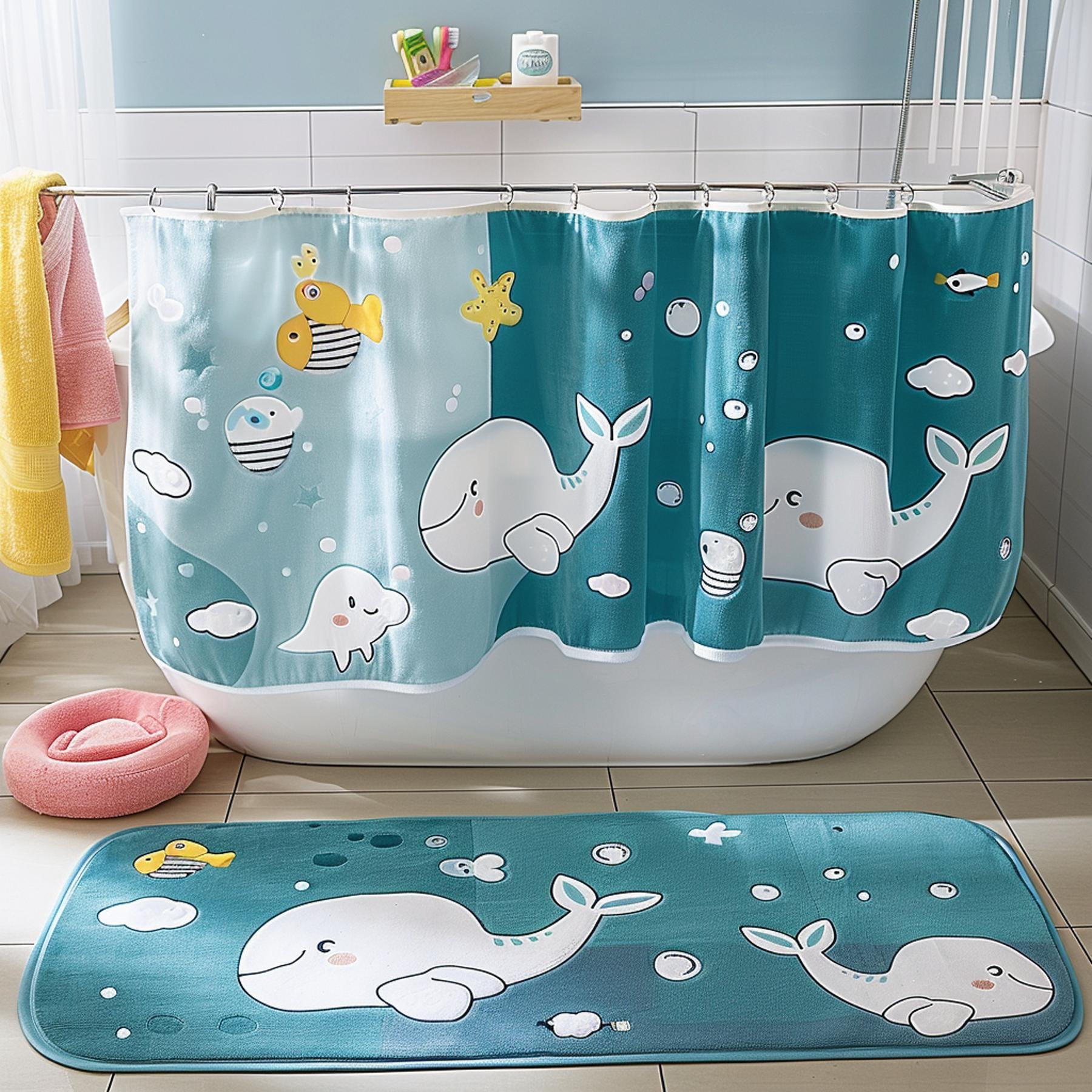 Cartoon Sea World Kids Bathroom Set: Blue Whale Shower Curtain Green ...
