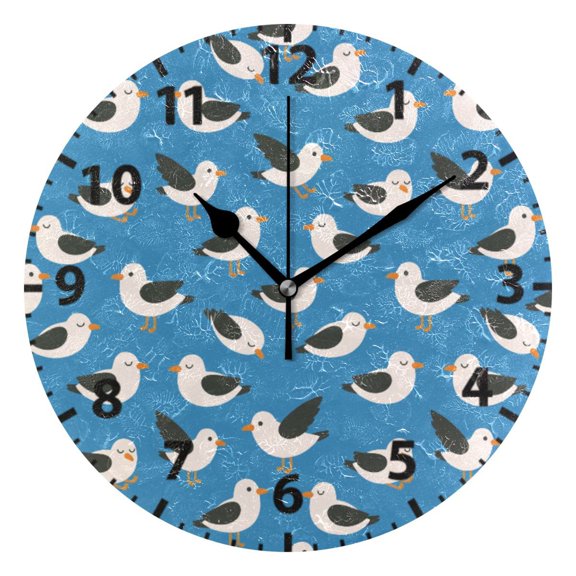 Cartoon Seagull Pattern Wall Clock 10in Round Artistic Oil Painting Home Decor Desk Table Clock
