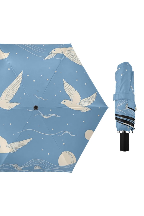 Cartoon Seagulls Shells Moon Waves All Weather Umbrella Triple Folding Parasol 6 Ribs UV Protection Portable