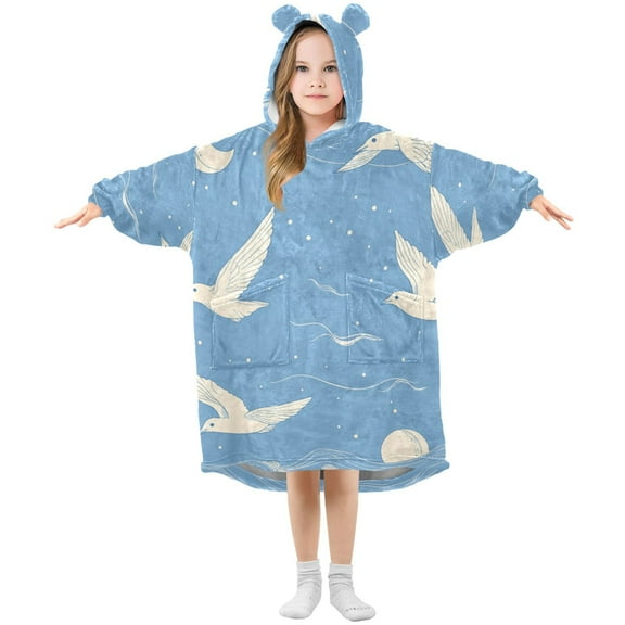 Cartoon Seagulls Shells Moon Waves Flannel Wearable Blankets Hooded Design Long Sleeves Wrap Unisex for 3T-14Y S