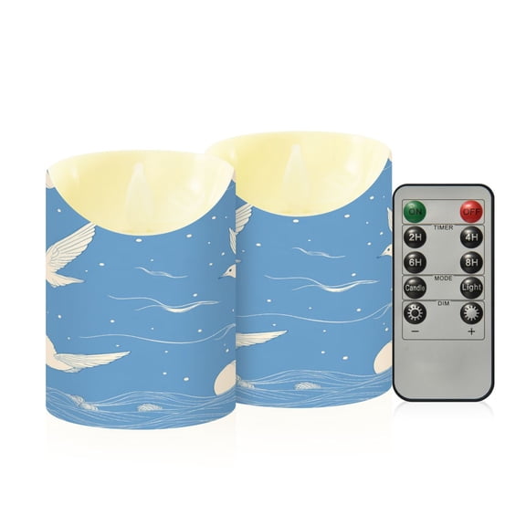 Cartoon Seagulls Shells Moon Waves Flickering Flameless Candles with Remote Timer Battery Operated LED Tealight Set of 2 M