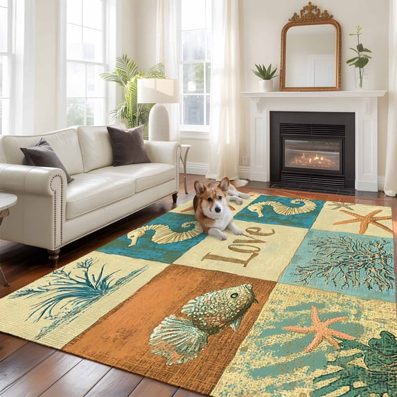 Cartoon Seahorse Starfish Area Rugs 5x7 ft Ocean Fish Seaweed Coastal Washable Rug Non Slip Indoor Carpet Absorbent Floor Mat for Living Room Bedroom Dining Room