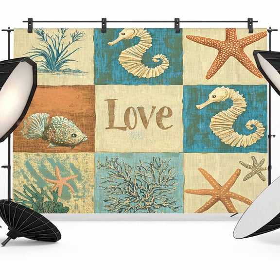 Cartoon Seahorse Starfish Backdrop for Photography, Ocean Fish Seaweed Coastal Photo Backdrop Portrait Background Party Banner Photo Backgrounds for Studio Booth Props, 12x8ft