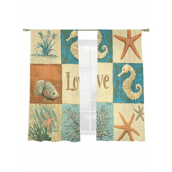 Cartoon Seahorse Starfish Sheer Curtains 72 Inch Long 2 Panels, Ocean Fish Seaweed Coastal Light Filtering Rod Pocket Curtains, Sheer Voile Drapes for Living Room Bedroom, 52"x72"