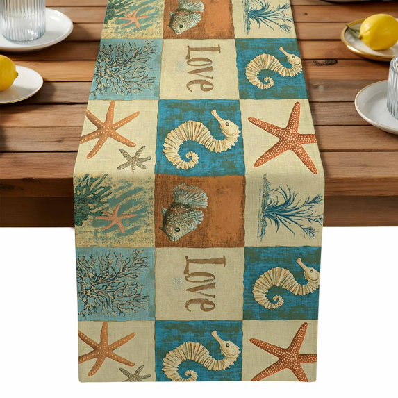 Cartoon Seahorse Starfish Table Runner, Ocean Fish Seaweed Coastal Kitchen Table Runners Dress Scarves for Table Decorations Party/Restaurant/Indoor Outdoor Use, 13x36in