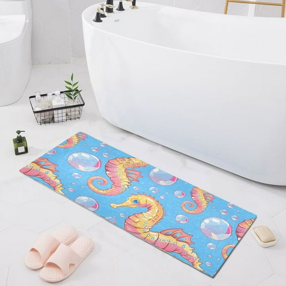 Cartoon Seahorse and Bubbles Bath Mat 39x20 Non-Slip Bathroom Rugs Absorbent Soft Plush Quick Dry for Tub Shower Kitchen Home Decor