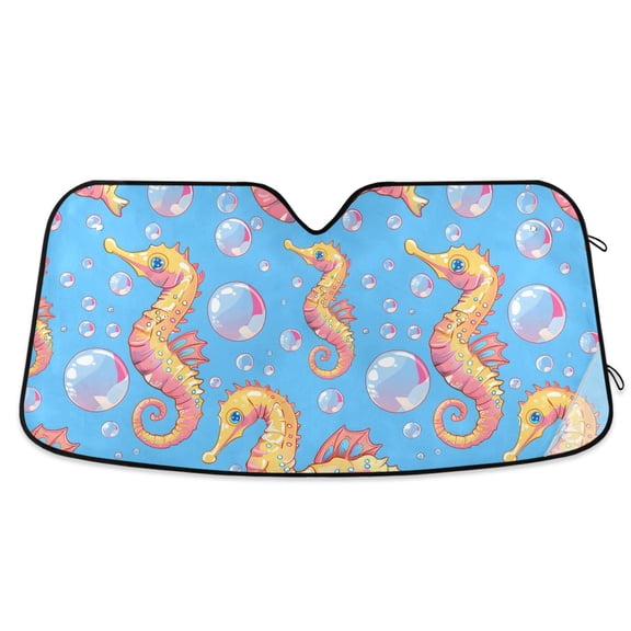 Cartoon Seahorse and Bubbles Car Windshield Sun Shade Foldable Car Front Window Visor Heat and UV Protection 55x27.6
