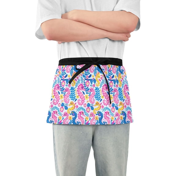 Cartoon Seahorse and Flowers Server Apron with 3 Pockets Waterproof Waitress Waist Short Apron for Man Woman 12 Inches