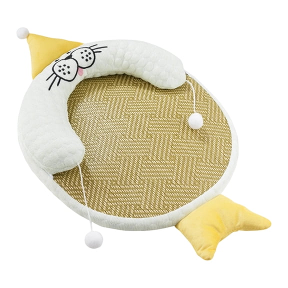 Cartoon Seal-Shaped Cat Cooling Mat Breathable Wicker Summer Bed with Neck Support and Teaser Toy for Small Cats(Green-60cm)