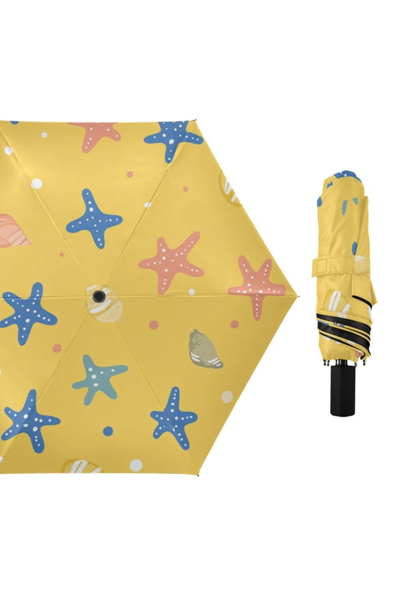 Cartoon Seashell Starfish Yellow Background All Weather Umbrella Triple Folding Parasol 6 Ribs UV Protection Portable