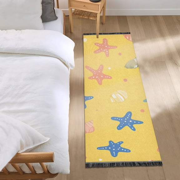 Cartoon Seashell Starfish Yellow Background Bedside Runner Rug 2'x 6' Non Slip Carpet Floor Mat Area Rug