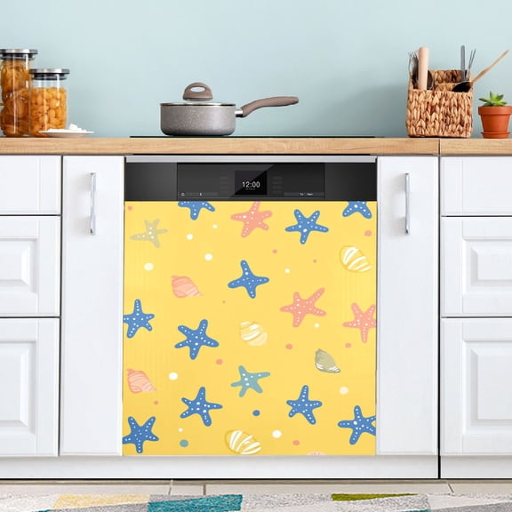 Cartoon Seashell Starfish Yellow Background Dishwasher Magnet Refrigerator Magnetic Cover Washing Machine Magnet Sticker Kitchen Decor