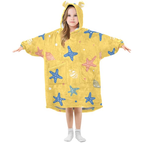 Cartoon Seashell Starfish Yellow Background Flannel Wearable Blankets Hooded Design Long Sleeves Wrap Unisex for 3T-14Y L