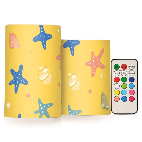 Cartoon Seashell Starfish Yellow Background Flickering Flameless Candles LED Tealight Battery Operated with Remote Set of 2 Holiday Decor Ornaments