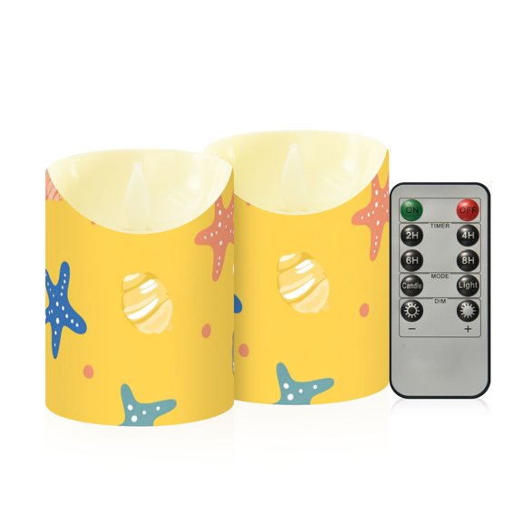 Cartoon Seashell Starfish Yellow Background Flickering Flameless Candles with Remote Timer Battery Operated LED Tealight Set of 2 M