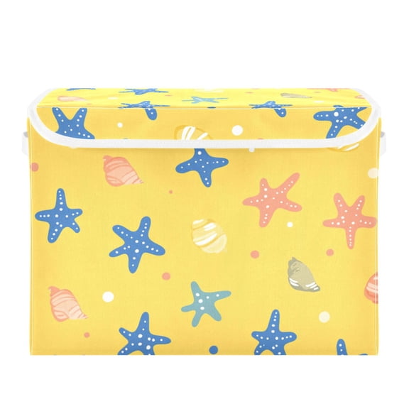 Cartoon Seashell Starfish Yellow Background Foldable Storage Bin with Lid and Handle Collapsible Storage Box 16.5 x 12.6 x 11.8 inches
