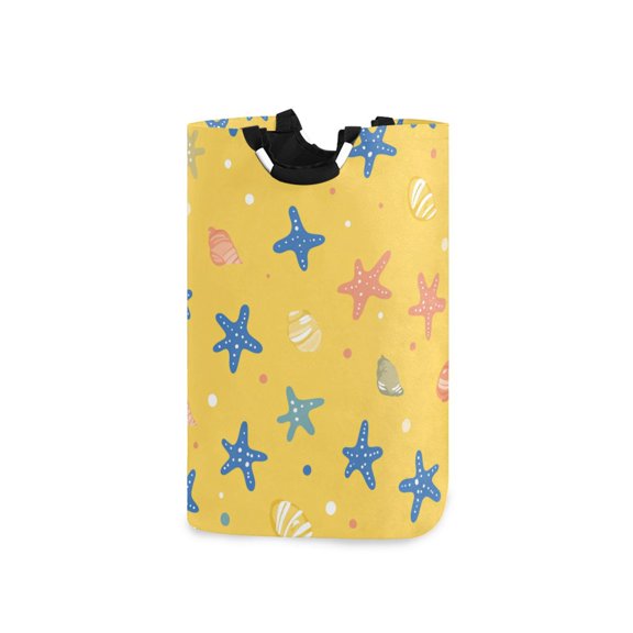 Cartoon Seashell Starfish Yellow Background Laundry Basket with Handles Foldable Laundry Hamper Freestanding Washing Bin 50L