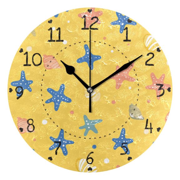 Cartoon Seashell Starfish Yellow Background Round Wall Clock Silent Analog Battery Operated Black Pointer Home Decor 9.84" Diameter
